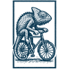 Chameleon on Bicycle – Woodcut Animal Art