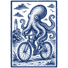 Octopus on Bicycle – Maritime Woodcut