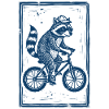 Raccoon on Bicycle Blue Linocut Print