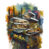 Aquarell Luxusvilla im Wald
