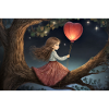 Mädchen mit Herzballon auf einem Ast