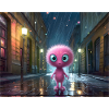 Pinkes Fluffwesen bei Regennacht