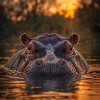 Sunset, hippopotamus in the water