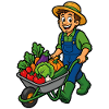 Cheerful gardener and wheelbarrow of vegetables
