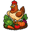 Happy hen in the vegetable garden