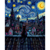 Nocturnal Cat Over Moonlit Town