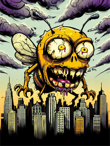 Grotesque horror bee over city