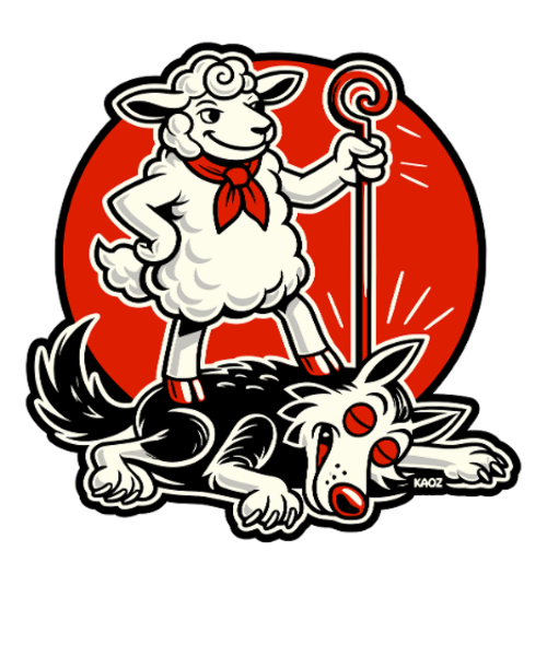 Victorious sheep with shepherd’s crook standing over a defeated wolf