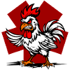 Cartoon rooster on red background