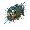 Brave piranha with paint splashes