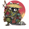 Waschbär-Samurai mit Strohhut
