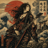 Ukiyoe-Gitarrenheldin mit rotem Sonnenuntergang