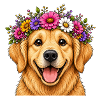 Lächelnder Hund mit Blumenschmuck 