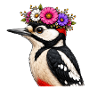 Specht mit Blumenschmuck 