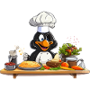 Küchenpinguin Chef am Holztisch