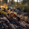 Rote Ameise auf Holz unter Moos