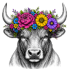 Floral Wreath Bull Head Illustration
