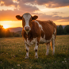 Sunset and cow in meadow
