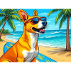 Beach dog with surfboard and sunglasses