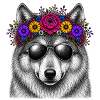 Wolf with flower wreath and sunglasses
