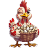 Poulet avec un panier plein d’œufs