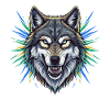 Wolfskopf mit bunten Strahlen