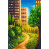 Green route between skyscrapers