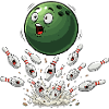 Grüne Bowlingkugel trifft Pins