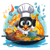 Pinguin Chef im Flammenofen