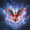 Winged Violin in Rainbow Clouds