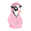 Kuh im rosa Bademantel mit Locken