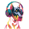 Dobermann mit Kopfhörern