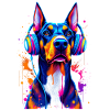 Doberman with headphones