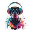 Doberman with headphones