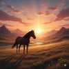 Sonnenuntergangs-Pferd im Bergtal