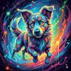 Neonfarbiger Hund im Farbwirbel