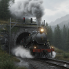 Dampfzug durch den Wald am Tunnel