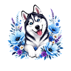 Blauer Huskie im Blumenkranz