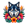 Wolfskopf mit Tropenblumen