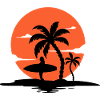 Surfer at sunset and palm trees