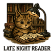 Night reading cat on the shelf