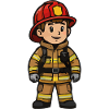 Little firefighter hero in equipment