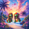 Tropical turtles at sunset