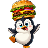 Funny penguin with burger balancing cartoon