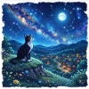 Moonlit Cat tuxedo and Star Night