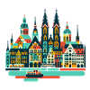 Buntes Stadtpanorama am Wasser