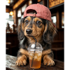 Hund mit Eistee und roter Cap