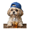 Dog with cap drinking iced coffee