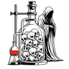 Totenkopf-Alchemie-Labor mit Sensenmann-Gotik-Kunst