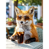 Fox with sunglasses at café